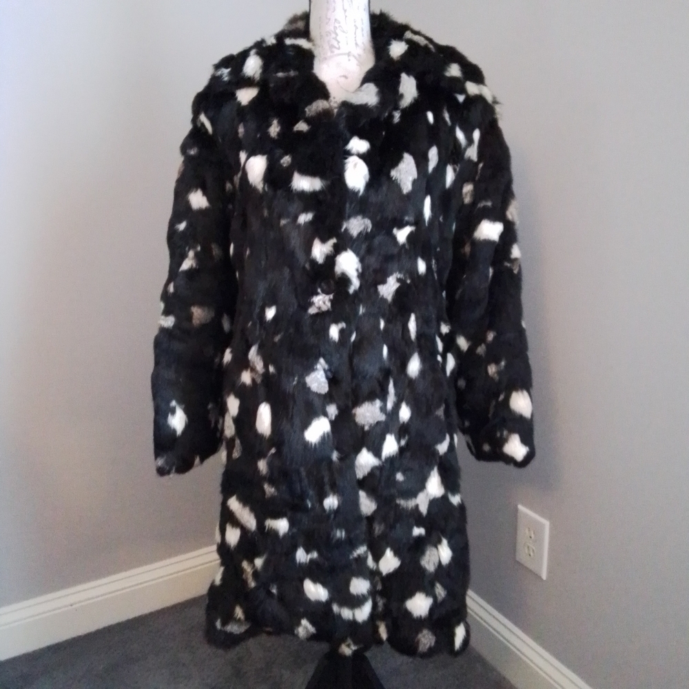 Women’s Black and White Faux Fur Patterned Pea Coat